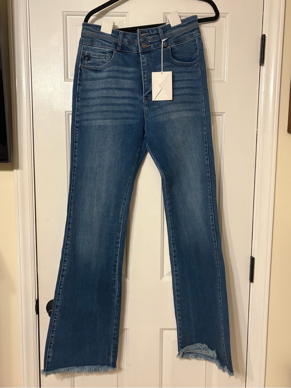 KanCan Mid Blue High-Rise Flared Jeans with Frayed Hem